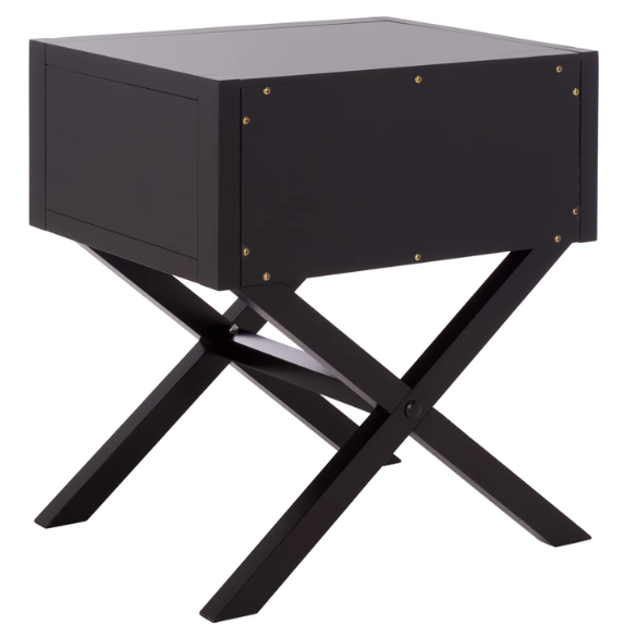1-Drawer Nightstand – Classic Campaign Style with Contemporary Chic, Acacia Wood Frame, Cross-Base Design, Bold Finish, Gold Drawer Pull, Perfect for Modern Bedrooms