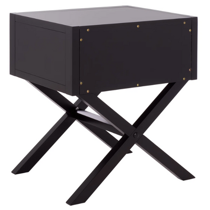 1-Drawer Nightstand – Classic Campaign Style with Contemporary Chic, Acacia Wood Frame, Cross-Base Design, Bold Finish, Gold Drawer Pull, Perfect for Modern Bedrooms