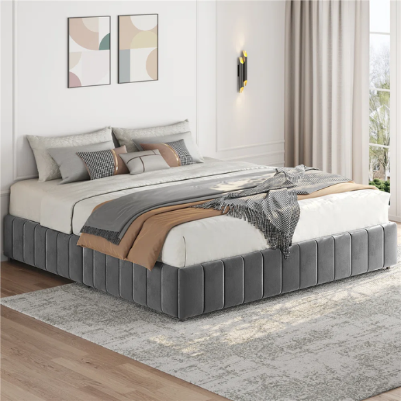 King Size Upholstered Platform Storage Bed with Velvet Fabric, Channel-Tufted Accents, and Built-In Drawers for Extra Storage
