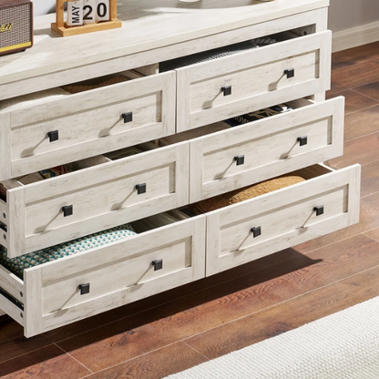 6-Drawer Dresser – A Perfect Blend of Rustic Charm and Industrial Elegance, Featuring a Clean-Lined Silhouette and Weathered Finish. Crafted from Solid and Engineered Wood