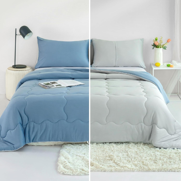 Reversible Ultra-Soft Comforter Set, Jersey Knit Milk Cup Breathable Fluffy Light Weight Bedding Down Alternative & Pillowcase