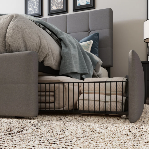 Queen Size Upholstered Platform Storage Bed with Tufted Button Accent Design