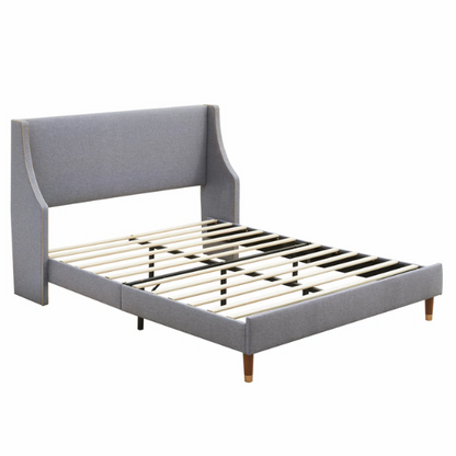 Elegant Linen Wingback Upholstered Platform Bed Frame – Luxurious Full Double Size Design with Gold Piping, Sturdy Support, and Effortless Assembly