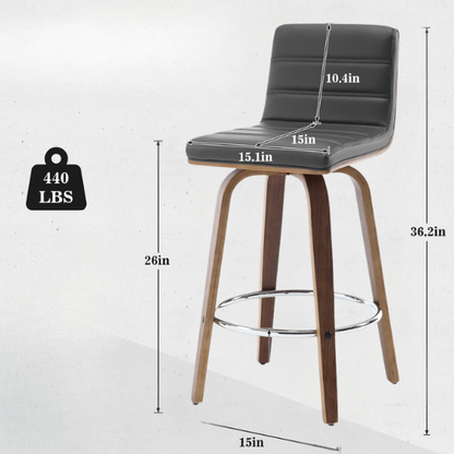 Mid-Century Modern Faux Leather Swivel Counter/Bar Stools – 360° Swivel, Padded PU Leather Seat & Back, Durable Bentwood Legs, Metal Footrest, Supports Up to 440lbs for Home Bar or Kitchen