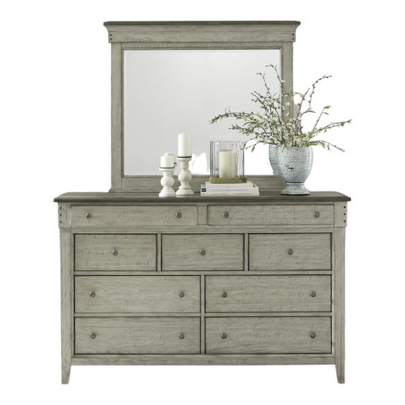 Farmhouse-Inspired Queen Bedroom Set  Panel Bed, Dresser, Mirror, and Nightstand with Built-in Charging Station