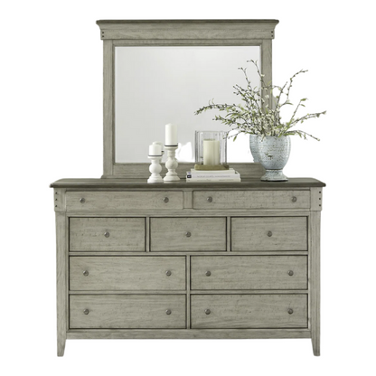 Farmhouse-Inspired Queen Bedroom Set  Panel Bed, Dresser, Mirror, and Nightstand with Built-in Charging Station