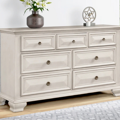 Distressed Parchment Wood Bedroom Set with Panel Bed, Dresser, Mirror, and Nightstand, Featuring Silver Accents and Fluted Pilasters