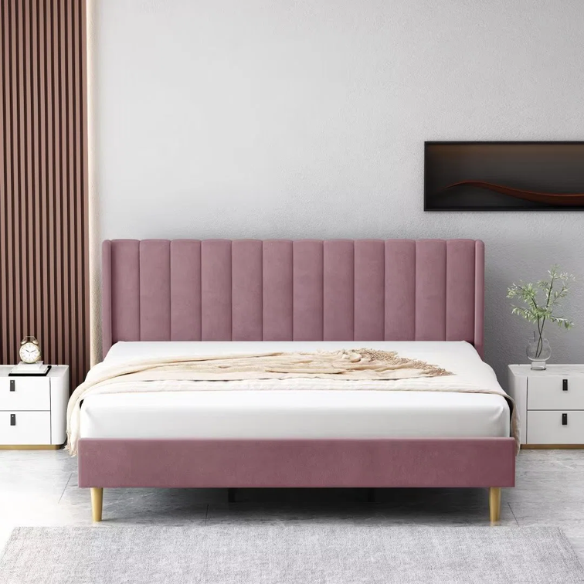 Luxury Corduroy Upholstered King Size Platform Bed Frame - Stylish Modern Wingback Design with Ultimate Comfort