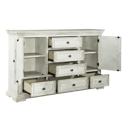 4-Piece Panel Bed, Dresser, Mirror & Nightstand Set with Antique Pewter Accents and Charging Station – Distressed Whitestone Finish, Rubberwood Solids, and Architectural Det
