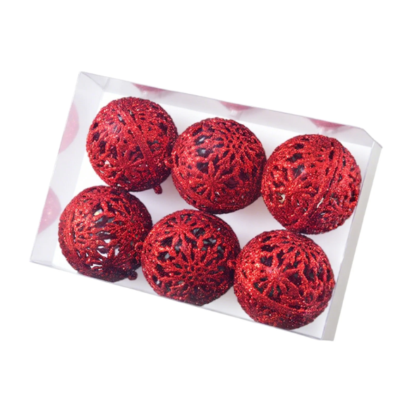 Red Glitter Snowflake Christmas Ball Ornaments – Set of 6 Decorative Holiday Baubles