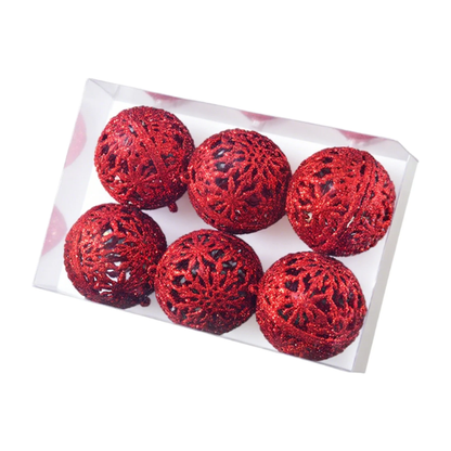 Red Glitter Snowflake Christmas Ball Ornaments – Set of 6 Decorative Holiday Baubles
