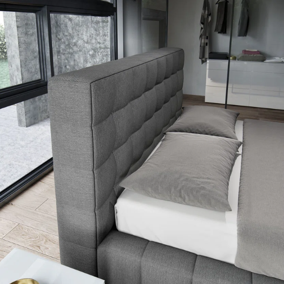 Upholstered Platform Bed with Square-Tufted Headboard, Basketweave Design, and Solid Eucalyptus Wood Frame – No Box Spring Needed