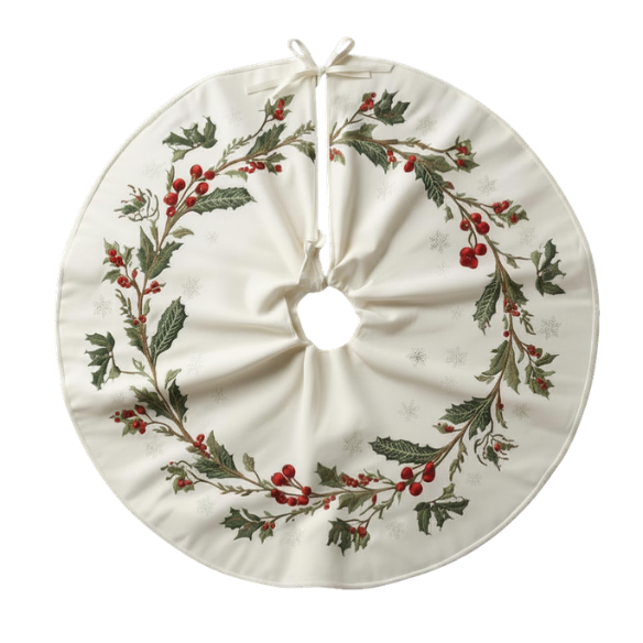 Off-White Christmas Tree Skirt Featuring Embroidered Holly & Berry Wreath