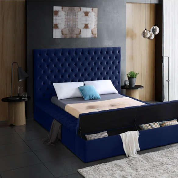 Elegant Velvet Upholstered King Size Platform Storage Bed with Tufted Headboard and Slats