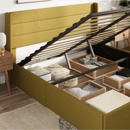 Modern King Size Upholstered Platform Bed with Hydraulic Lift Storage – Sleek Grooved Headboard, Space-Saving Design, and No Box Spring Needed