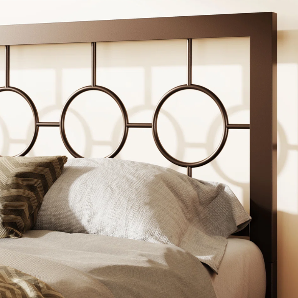 Modern King Size Metal Open-Frame Platform Bed with Art Deco-Inspired Circle Medallion Details – Sleek, Clean-Lined Design with Sturdy Metal Frame and Minimalist Aesthetic