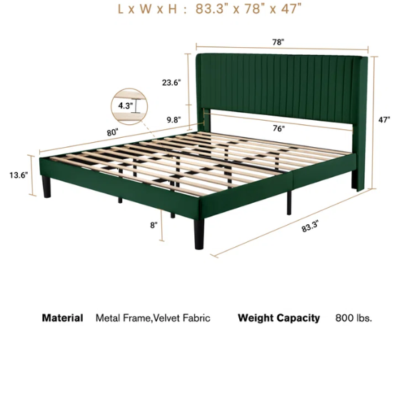 King Size Upholstered Platform Bed with Wingback Headboard – Simple, Elegant Design, Sturdy Wooden Slats, No Box Spring Needed for a Luxurious Sleep Experience