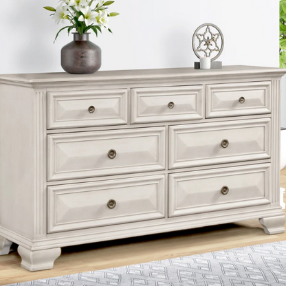 Distressed Parchment Wood Queen Bedroom Set – Elegant Silver Accents, Fluted Pilasters, and Beveled Drawer Fronts for Timeless Charm