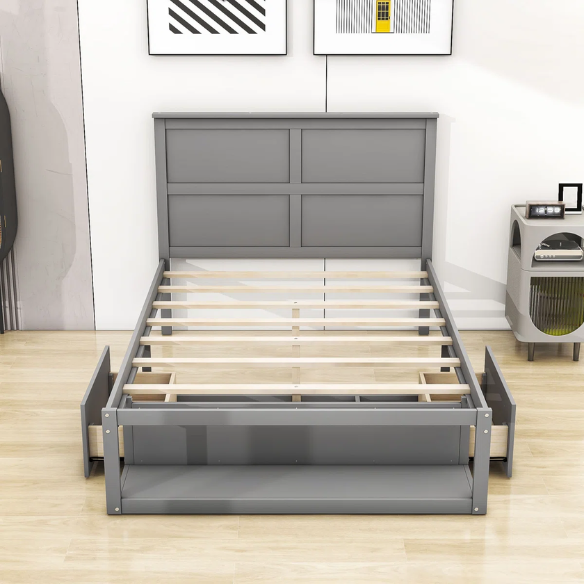 Gray Wooden Full Size Platform Bed with Headboard, 2 Drawers & Built-In Shelf – Stylish Storage & Functional Design