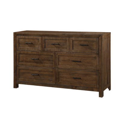 Rugged and Weathered 5-Piece King Bedroom Set – Solid Pine Wood Frame with Dark Brown Finish, Ball-Bearing Glide Drawers, Weathered Steel Hardware, and Ample Storage