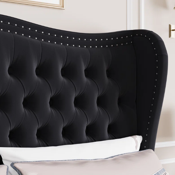 Gem-Tufted Queen Size Upholstered Wingback Bed with Curved Design
