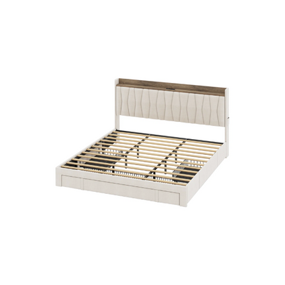 Modern Upholstered King Size Bed Frame with 3 Storage Drawers, Soft Foam Headboard, and Built-in Charging Station