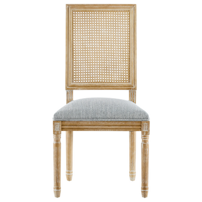 French Country Wood and Cane Upholstered Dining Chairs – Weathered Rubberwood Frame with Fluted Legs & Rectangular Cane Backrest