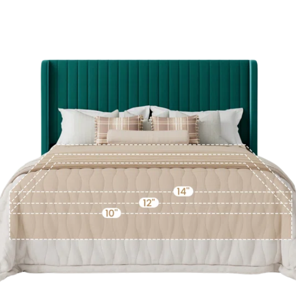 Teal full-size velvet upholstered platform bed with tufted wingback headboard and solid wood frame