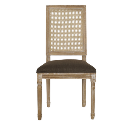 French Country Wood and Cane Upholstered Dining Chairs – Weathered Rubberwood Frame with Fluted Legs & Rectangular Cane Backrest