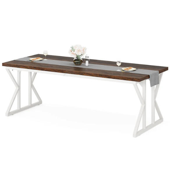 Farmhouse Dining Table for 6-8 People – Rectangular Wood Kitchen Table with X-Shaped Accents, Spacious & Multifunctional for Dining, Office, or Gathering