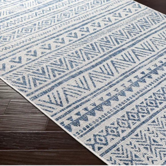 Striped Geometric Area Rug – Blue & Cream White, Durable Polypropylene, Low-Pile Design for High-Traffic Indoor/Outdoor Spaces