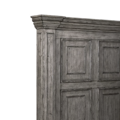 4-Piece Panel Bed, Dresser, Mirror & Nightstand Set with Antique Pewter Accents and Charging Station – Distressed Whitestone Finish, Rubberwood Solids, and Architectural Det