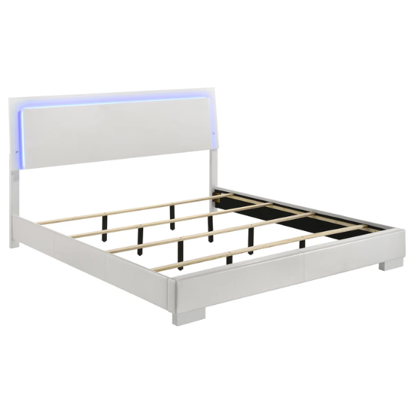 Modern 4-Piece Queen Bedroom Set in White High Gloss with LED Lighting, Touch-Activated Headboard, and Sleek Chrome Accents