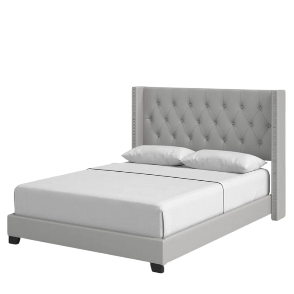 King Size Upholstered Low-Profile Bed with Wingback Headboard, Button Tufting, and Nailhead Trim – Glamorous, Traditional Design with Flared Legs