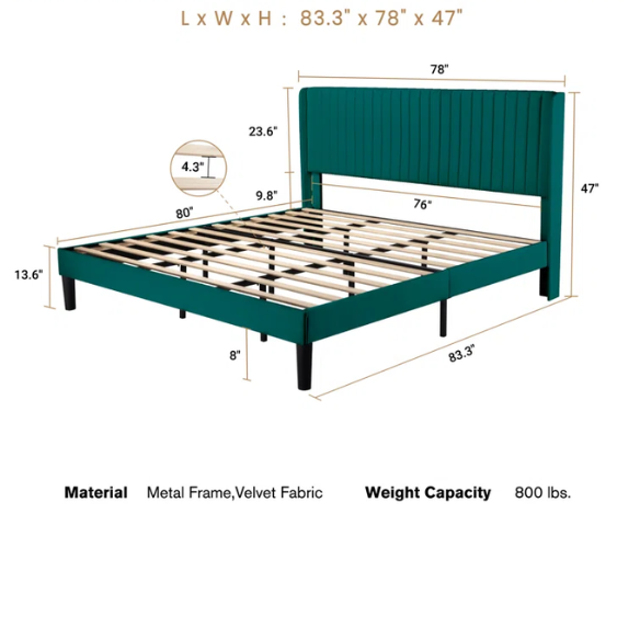 King Size Upholstered Platform Bed with Wingback Headboard – Simple, Elegant Design, Sturdy Wooden Slats, No Box Spring Needed for a Luxurious Sleep Experience