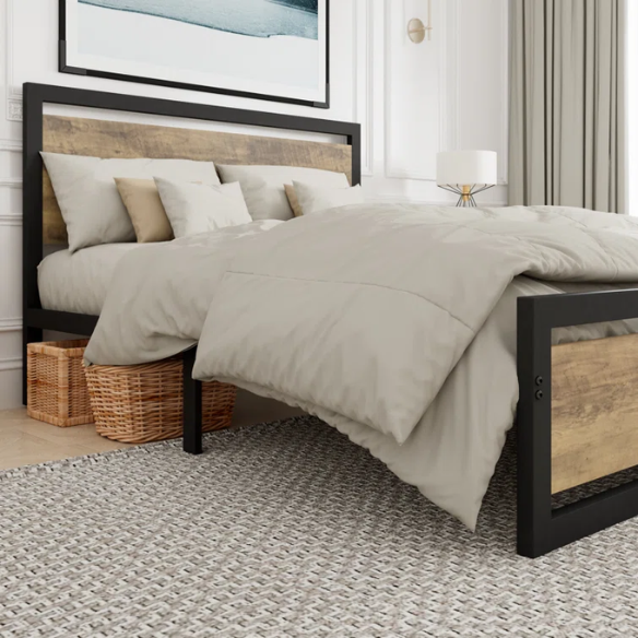 Queen Size Wood and Black Metal Frame Bed with Headboard – Modern Design with Rustic Distressed Wood Accents