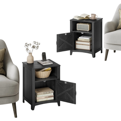 Farmhouse Nightstand with Cabinet & Open Compartment – Rustic Bedside Table, Distressed Finish, Barn Door Style, Matte Black Metal Handles, Flared Legs, Versatile Storage for Bedroom or Living Room