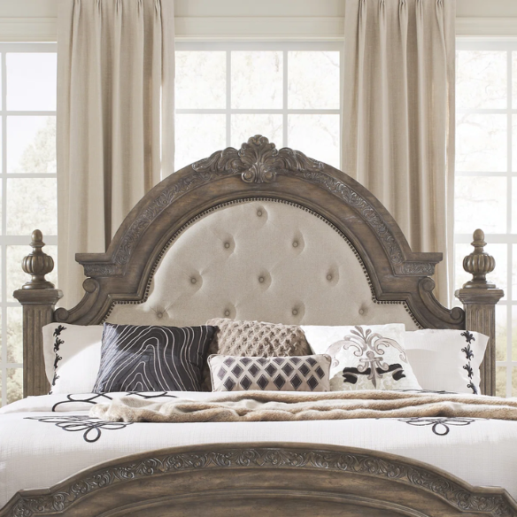 Brown & Beige King Poster Bedroom Set with Dresser, Mirror, Chest & Nightstand – Rustic Hickory Veneers, Sand Linen Upholstery, Antique Brass Accents