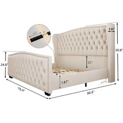 Luxurious King Size Velvet Upholstered Platform Bed Frame with Wingback Headboard – Handmade Button Tufting, Nailhead Detailing, Sturdy Construction, and No Box Spring Needed