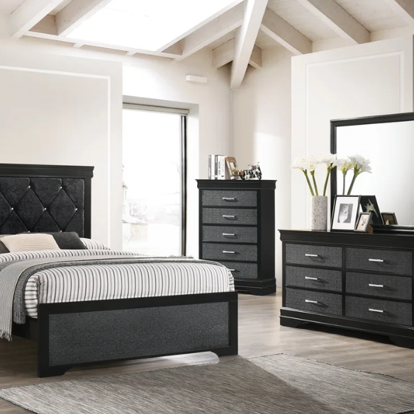 Luxurious 5-Piece Full Double Size Bedroom Set – Diamond Tufted Velvet Headboard with Wooden Trim and Elegant Button Detailing