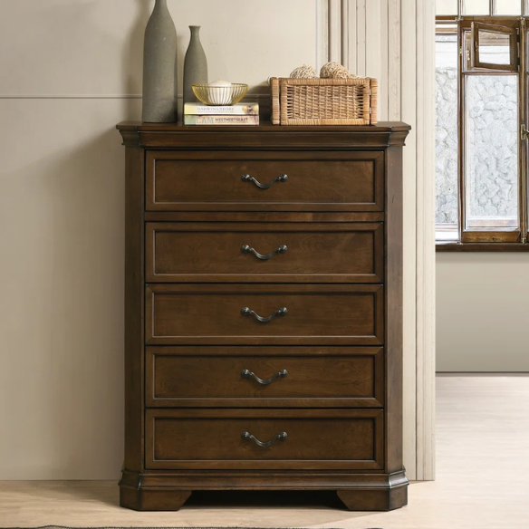 Transitional 6-Piece Bedroom Set with Panel Bed, Dresser, Mirror, Chest, and Nightstands – Featuring Trio Panel Headboard and Footboard, Dust-Proof Drawers, Dual-Tone Finish, and Dark Nickel Hardware for a Stylish and Functional Bedroom
