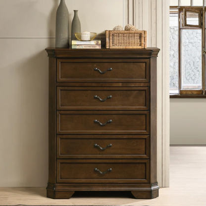Transitional 6-Piece Bedroom Set with Panel Bed, Dresser, Mirror, Chest, and Nightstands – Featuring Trio Panel Headboard and Footboard, Dust-Proof Drawers, Dual-Tone Finish, and Dark Nickel Hardware for a Stylish and Functional Bedroom