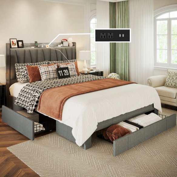 Upholstered Full/Double Bed Frame with 3 Drawers, Storage Headboard & Built-In Charging Station – Stylish & Functional Design