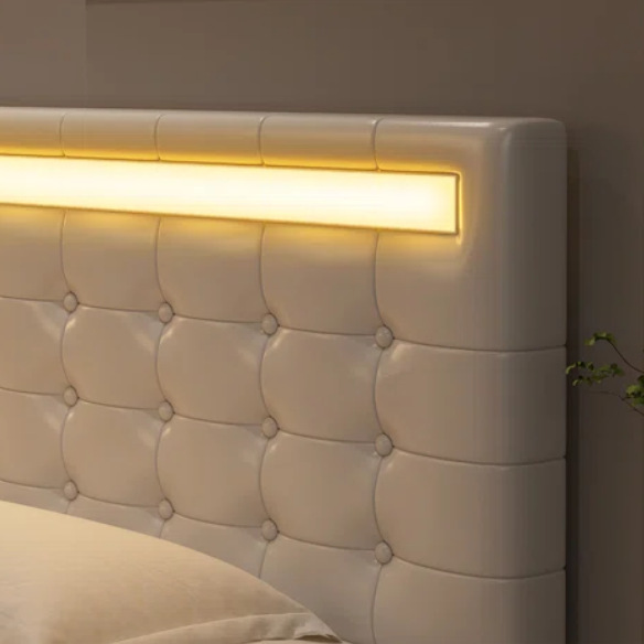 Queen Size LED Lit Platform Bed with Tufted Headboard – Modern and Stylish Design