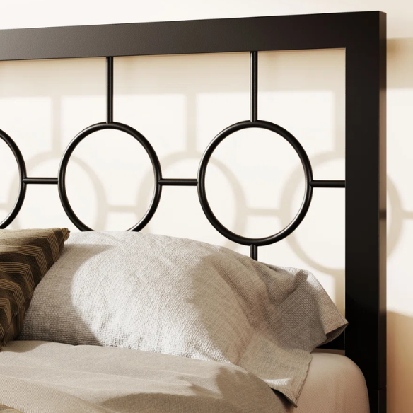 Modern King Size Metal Open-Frame Platform Bed with Art Deco-Inspired Circle Medallion Details – Sleek, Clean-Lined Design with Sturdy Metal Frame and Minimalist Aesthetic