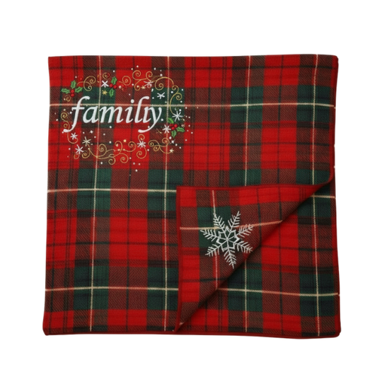 Red and Green Plaid Family Blanket with Holly and Snowflake Design