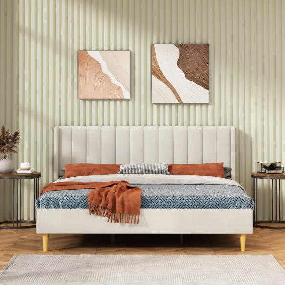 Luxury Corduroy Upholstered King Size Platform Bed Frame - Stylish Modern Wingback Design with Ultimate Comfort