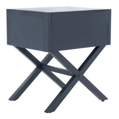 1-Drawer Nightstand – Classic Campaign Style with Contemporary Chic, Acacia Wood Frame, Cross-Base Design, Bold Finish, Gold Drawer Pull, Perfect for Modern Bedrooms
