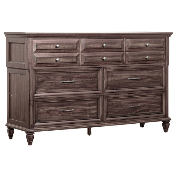 Old-World Charm Meets Glamour in 5-Piece Queen Bedroom Set – Rich Brown Finish with Crown Molding, Felt-Lined Drawers, and Built-In Outlets