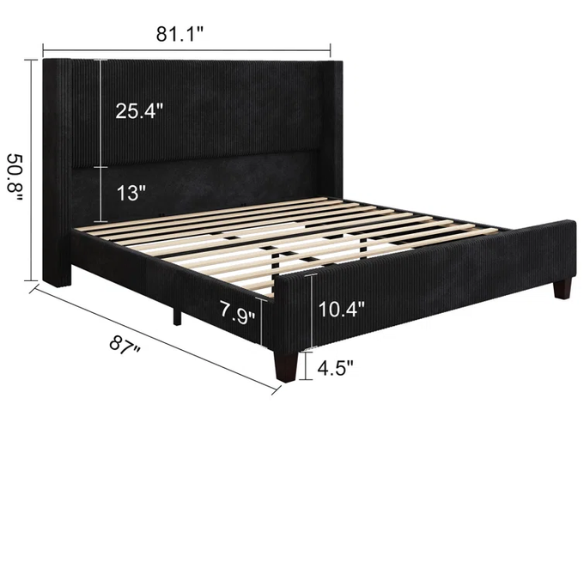 Modern King Size Corduroy Upholstered Bed with Wingback Design – Solid Wood and Metal Frame with Tapered Legs and Extra Cushioned Comfort